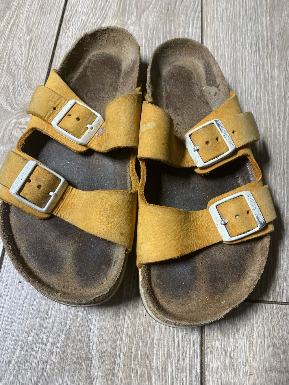 Birkenstock Arizona Ochre Yellow Suede Leather Sandals Double Strap Size EU 37